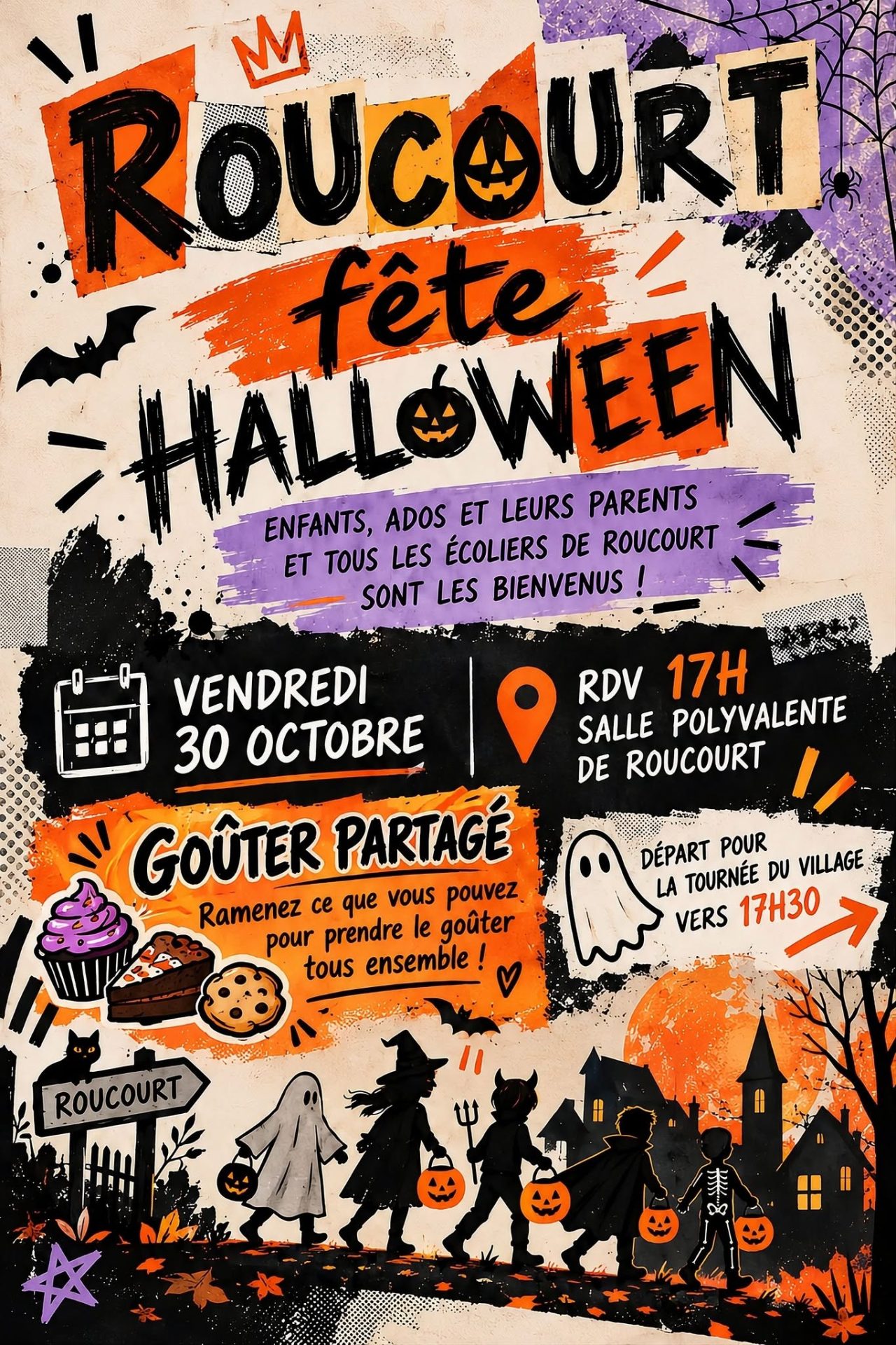 Roucourt fête Halloween le 30 octobre 2026 : rendez-vous à 17 h à la salle polyvalente, goûter partagé et tournée du village vers 17 h 30.