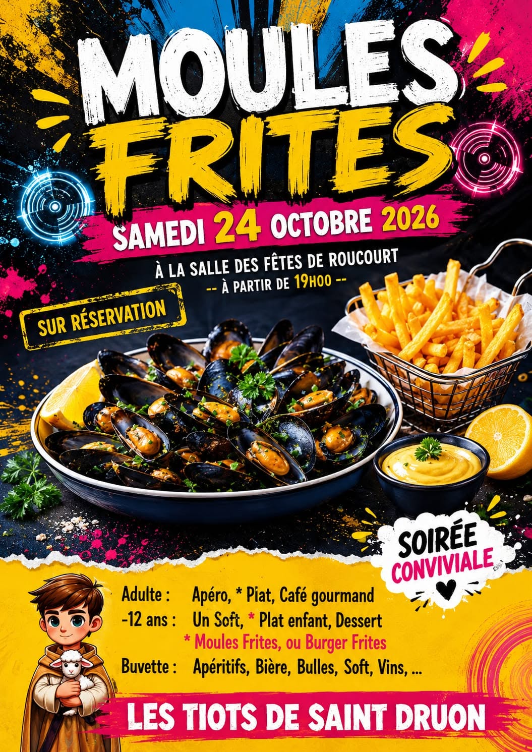 Soirée moules-frites des Tiots de Saint Druon le 24 octobre 2026 à partir de 19 h à la salle des fêtes de Roucourt, sur réservation.